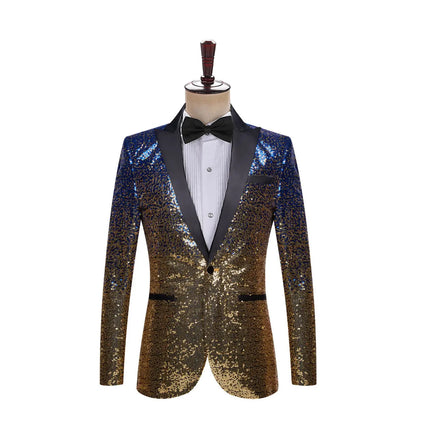 Men Fashion Gradual Change Color Sequins Tuxedos Suit Peak Lapel Blazer blazer sweetearing 3XLRoyalBlue-GoldRubber Tuxedos, Formalwear, Wedding suits, Business suits, Slim-fit suits, Classic suits, Black-tie attire, Dinner jackets, Prom suits