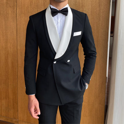 2 Pieces Formal Men's Slim Fit White Shawl Lapel Black Tuxedo