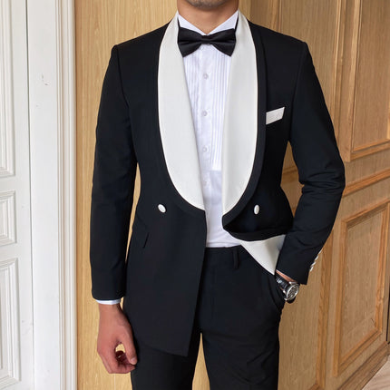 2 Pieces Formal Men's Slim Fit White Shawl Lapel Black Tuxedo