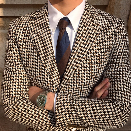 Casual Men's 2 Pieces Houndstooth Peak Lapel Tuxedos (Blazer+Pants)