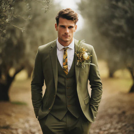 Mens Olive Green Suit Double Breasted Three Piece Suit Tux