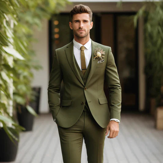 Mens Olive Green Suit Double Breasted Three Piece Suit Tux