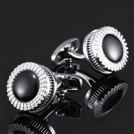 Round Silver And Black Two-Tone Cufflinks Cufflink sweetearing Silver Tuxedos, Formalwear, Wedding suits, Business suits, Slim-fit suits, Classic suits, Black-tie attire, Dinner jackets, Prom suits