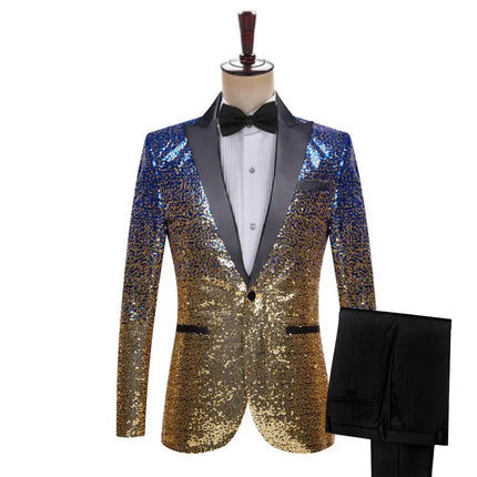 Men's Fashion Gradient Sequined Tuxedo Suit Peak lapel Men's Suit (Blazer + Vest + Pants+Bow tie) 3 pieces sweetearing 3XLRoyalBlue-Gold Tuxedos, Formalwear, Wedding suits, Business suits, Slim-fit suits, Classic suits, Black-tie attire, Dinner jackets, Prom suits