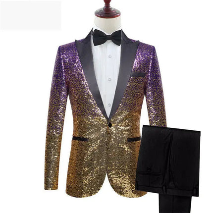 Men's Fashion Gradient Sequined Tuxedo Suit Peak lapel Men's Suit (Blazer + Vest + Pants+Bow tie) 3 pieces sweetearing 3XLPurlple-Gold Tuxedos, Formalwear, Wedding suits, Business suits, Slim-fit suits, Classic suits, Black-tie attire, Dinner jackets, Prom suits