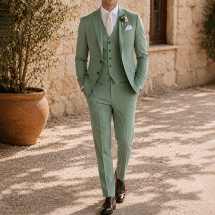 Men’s Sage Green 3 Piece Wedding Suit – Slim Fit Single Breasted Blazer