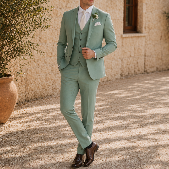 Men’s Sage Green 3 Piece Wedding Suit – Slim Fit Single Breasted Blazer