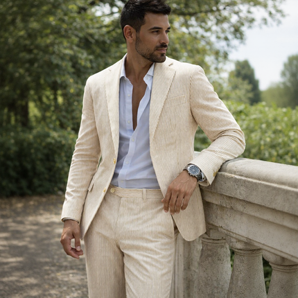Men’s Summer Seersucker Suit 2 Piece – Lightweight Beach Wedding Suit Set