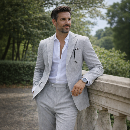 Men’s Summer Seersucker Suit 2 Piece – Lightweight Beach Wedding Suit Set