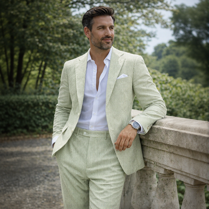 Men’s Summer Seersucker Suit 2 Piece – Lightweight Beach Wedding Suit Set