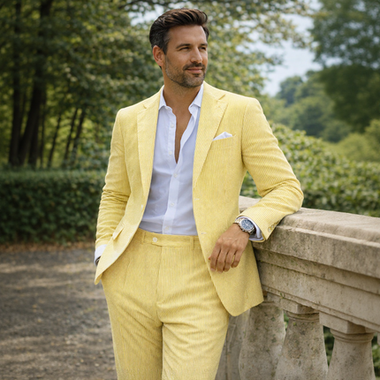 Men’s Summer Seersucker Suit 2 Piece – Lightweight Beach Wedding Suit Set