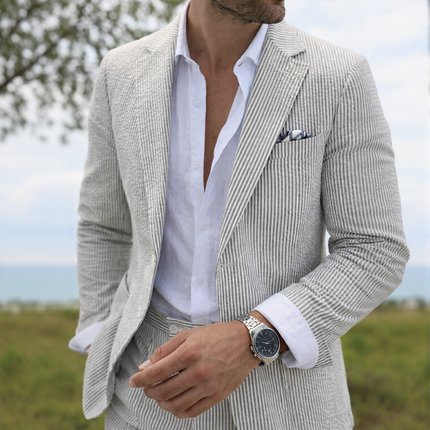 Men’s Summer Seersucker Suit 2 Piece – Lightweight Beach Wedding Suit Set