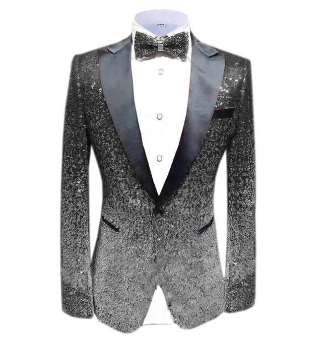 Men Fashion Gradual Change Color Sequins Tuxedos Suit Peak Lapel Blazer blazer sweetearing 3XLBlack-SilverRubber Tuxedos, Formalwear, Wedding suits, Business suits, Slim-fit suits, Classic suits, Black-tie attire, Dinner jackets, Prom suits