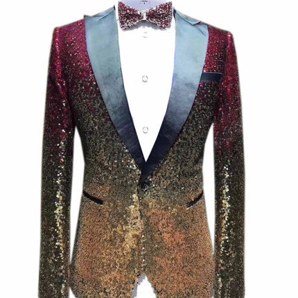 Men Fashion Gradual Change Color Sequins Tuxedos Suit Peak Lapel Blazer blazer sweetearing 3XLBurgundy-GoldRubber Tuxedos, Formalwear, Wedding suits, Business suits, Slim-fit suits, Classic suits, Black-tie attire, Dinner jackets, Prom suits