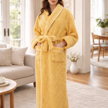 Flannel Bathrobe with Fold-Over Collar Cozy Winter Dressing Gown for Ultimate Warmth and Comfort