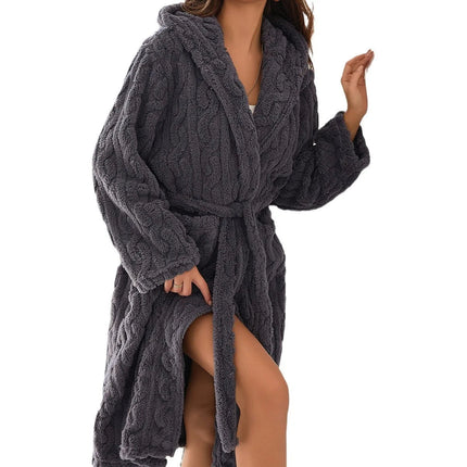 Hooded Bathrobe in Soft Coral Fleece Long Comfortable Women's Dressing Gown for Home Relaxation