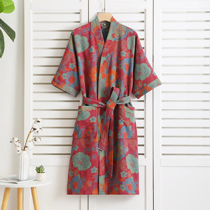 Lightweight Cotton Bathrobe Luxury Dressing Gown Kimono Vintage Print Soft Comfort