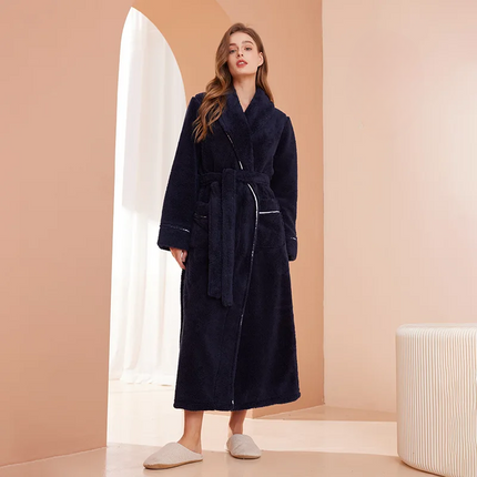 Flannel Bathrobe with Fold-Over Collar Cozy Winter Dressing Gown for Ultimate Warmth and Comfort