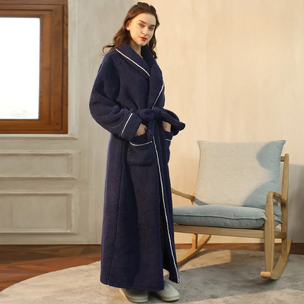Flannel Bathrobe with Fold-Over Collar Cozy Winter Dressing Gown for Ultimate Warmth and Comfort