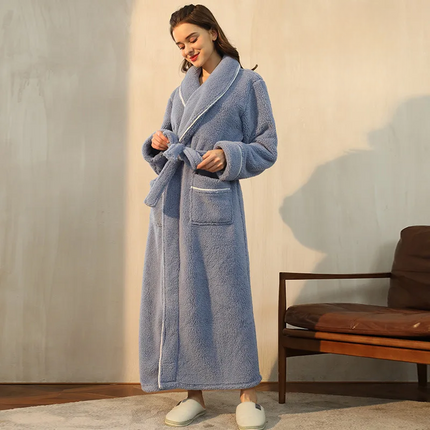 Flannel Bathrobe with Fold-Over Collar Cozy Winter Dressing Gown for Ultimate Warmth and Comfort