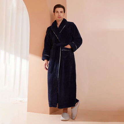 Flannel Bathrobe with Fold-Over Collar Cozy Winter Dressing Gown for Ultimate Warmth and Comfort