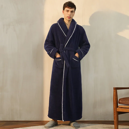 Flannel Bathrobe with Fold-Over Collar Cozy Winter Dressing Gown for Ultimate Warmth and Comfort