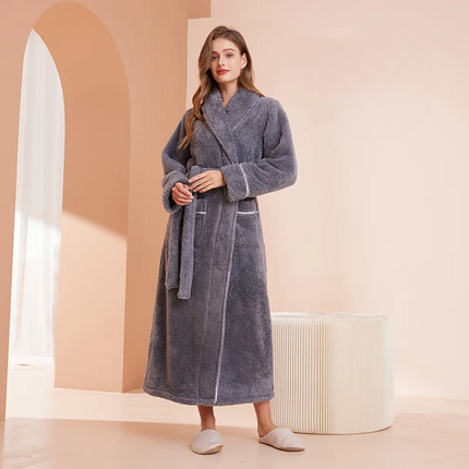 Flannel Bathrobe with Fold-Over Collar Cozy Winter Dressing Gown for Ultimate Warmth and Comfort