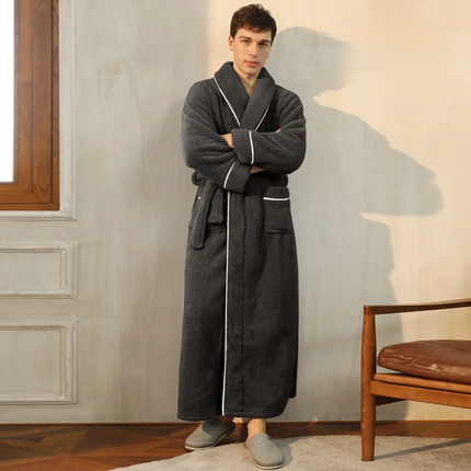 Flannel Bathrobe with Fold-Over Collar Cozy Winter Dressing Gown for Ultimate Warmth and Comfort
