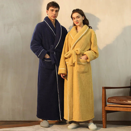 Flannel Bathrobe with Fold-Over Collar Cozy Winter Dressing Gown for Ultimate Warmth and Comfort