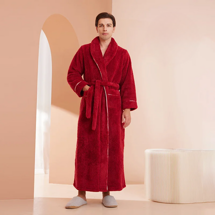 Flannel Bathrobe with Fold-Over Collar Cozy Winter Dressing Gown for Ultimate Warmth and Comfort