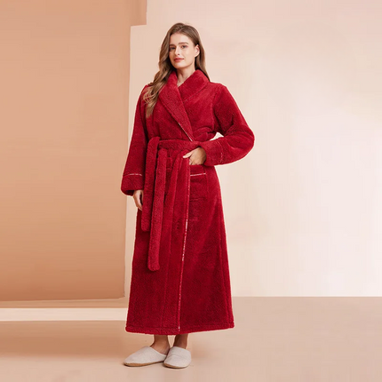 Flannel Bathrobe with Fold-Over Collar Cozy Winter Dressing Gown for Ultimate Warmth and Comfort