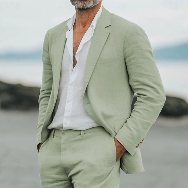 Men’s 2 Piece Linen Suit  Lightweight Summer Blazer and Trousers Set