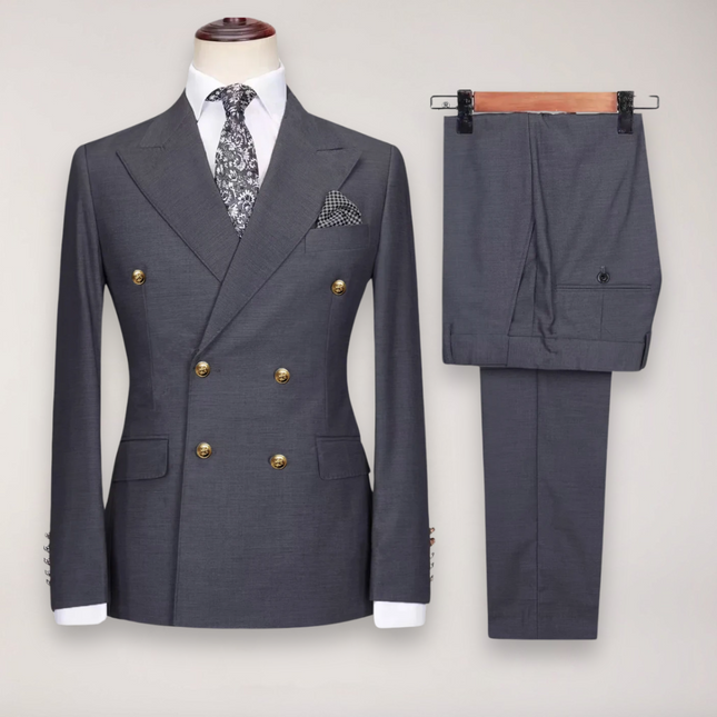 Men’s Double Breasted Two Piece Formal Suit Tailored Blazer and Trousers with Gold Buttons