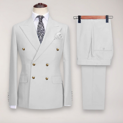 Men’s Double Breasted Two Piece Formal Suit Tailored Blazer and Trousers with Gold Buttons