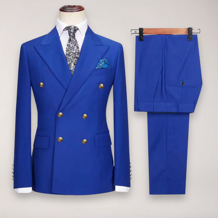 Men’s Double Breasted Two Piece Formal Suit Tailored Blazer and Trousers with Gold Buttons