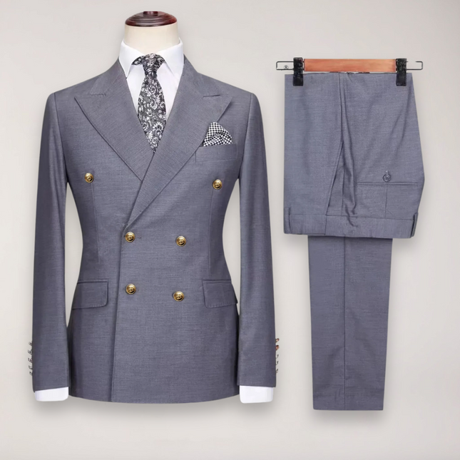 Men’s Double Breasted Two Piece Formal Suit Tailored Blazer and Trousers with Gold Buttons