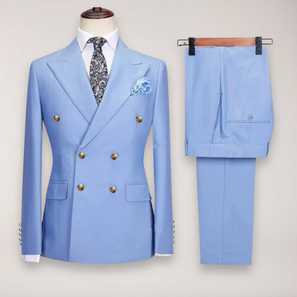 Men’s Double Breasted Two Piece Formal Suit Tailored Blazer and Trousers with Gold Buttons