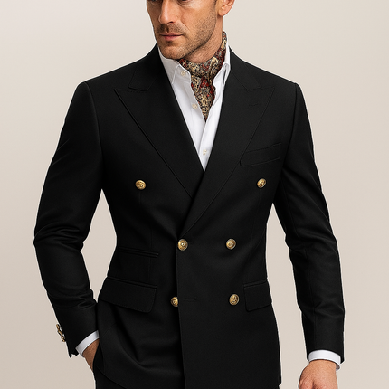 Men’s Double Breasted Two Piece Formal Suit Tailored Blazer and Trousers with Gold Buttons