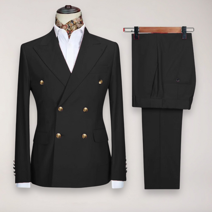Men’s Double Breasted Two Piece Formal Suit Tailored Blazer and Trousers with Gold Buttons