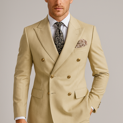 Men’s Double Breasted Two Piece Formal Suit Tailored Blazer and Trousers with Gold Buttons