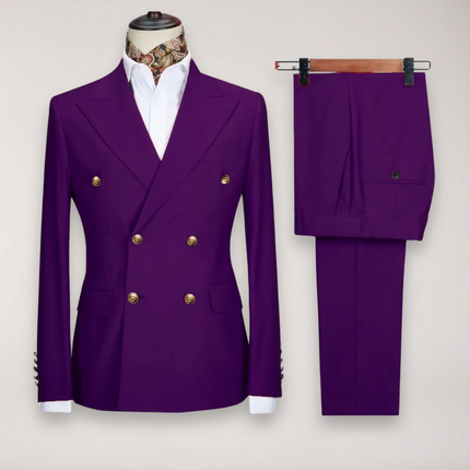 Men’s Double Breasted Two Piece Formal Suit Tailored Blazer and Trousers with Gold Buttons