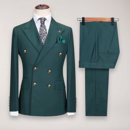 Men’s Double Breasted Two Piece Formal Suit Tailored Blazer and Trousers with Gold Buttons