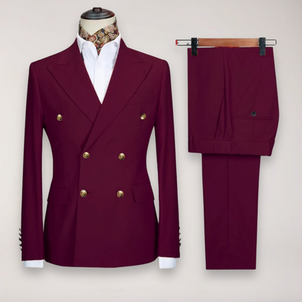 Men’s Double Breasted Two Piece Formal Suit Tailored Blazer and Trousers with Gold Buttons