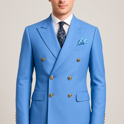Men’s Double Breasted Two Piece Formal Suit Tailored Blazer and Trousers with Gold Buttons