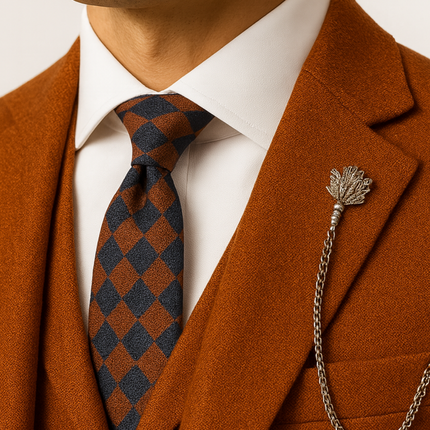 Men’s Orange Three Piece Tweed Suit Tailored Herringbone Blazer Waistcoat and Trousers
