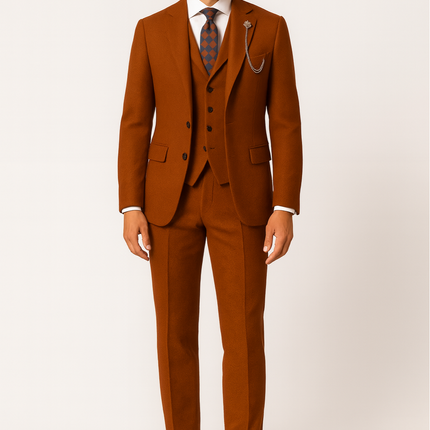 Men’s Orange Three Piece Tweed Suit Tailored Herringbone Blazer Waistcoat and Trousers