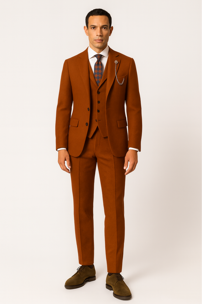 Men’s Orange Three Piece Tweed Suit Tailored Herringbone Blazer Waistcoat and Trousers