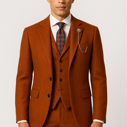 Men’s Orange Three Piece Tweed Suit Tailored Herringbone Blazer Waistcoat and Trousers