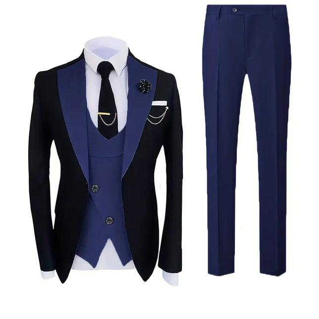 Men’s Three Piece Tuxedo Suit Dark Contrast Formal Wear