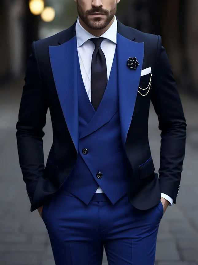 Men’s Three Piece Tuxedo Suit Dark Contrast Formal Wear